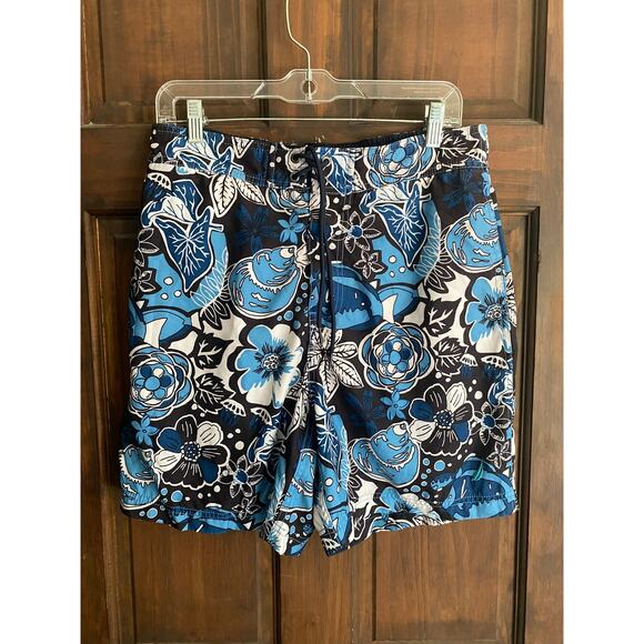 Nautica Mens Floral Blue Swim Trunks Mesh Brief Lining Medium - Picture 7 of 9